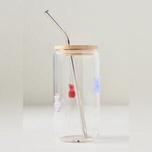 NIB Anthropologie Icon Juice glass gummy bears with lid and straw